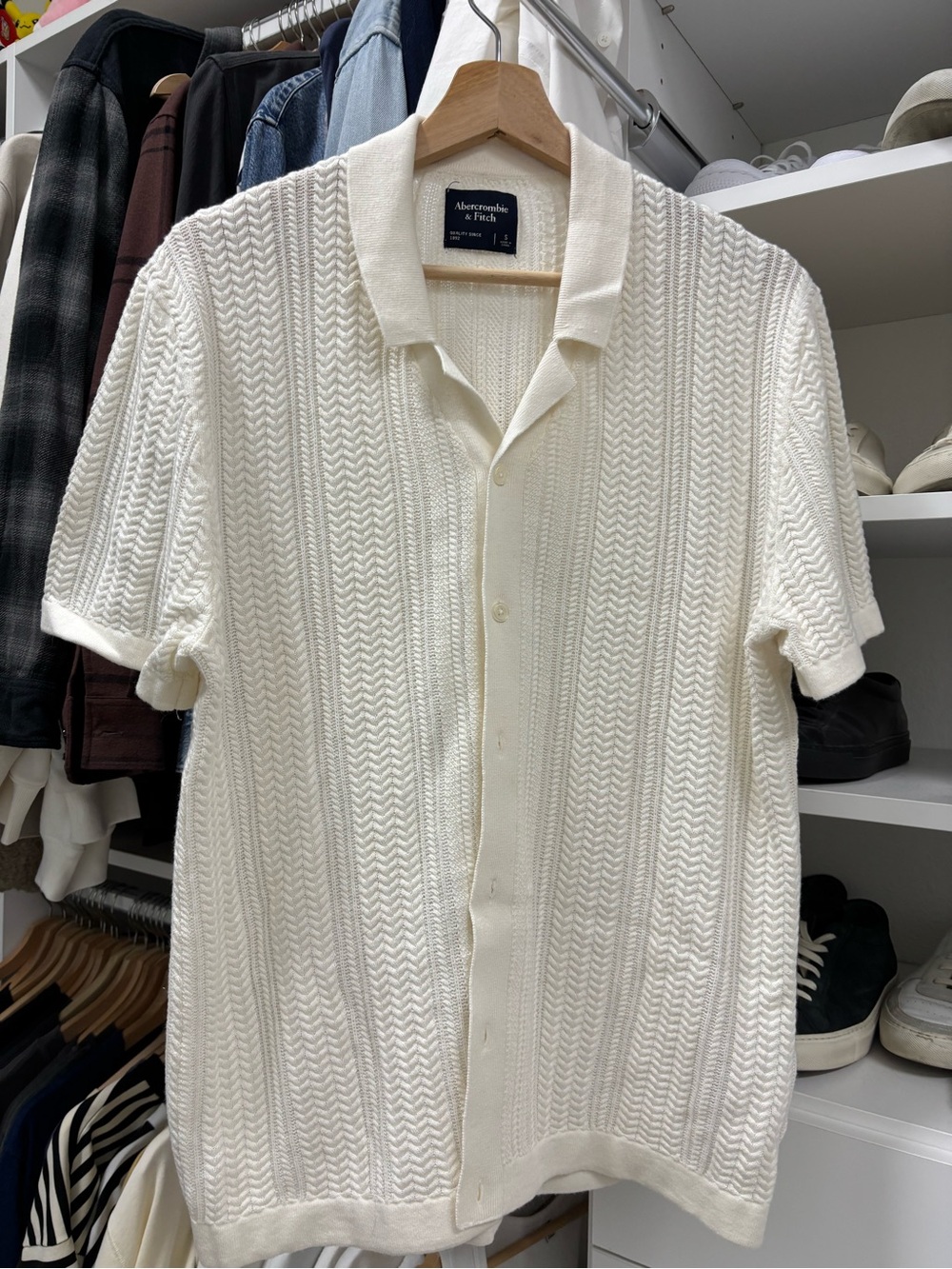Abercrombie & Fitch Cream Knit Short-Sleeve Polo
